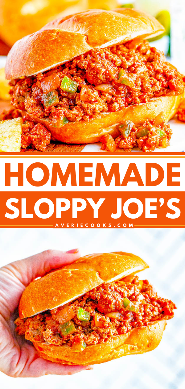 A sandwich with a generous serving of saucy, seasoned meat filling in a soft bun, alongside potato chips. Text reads "Homemade Sloppy Joe's" from averiecooks.com.