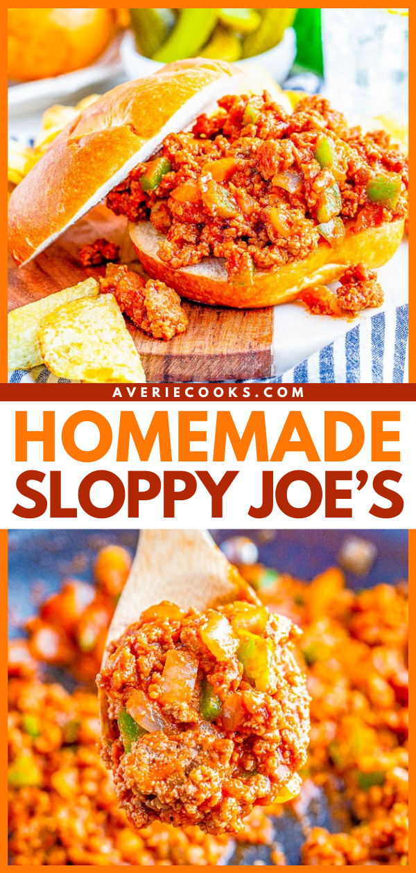 Close-up of a homemade sloppy joe sandwich with ground beef, green peppers, and sauce on a bun, alongside a spoonful of the mixture and a piece of cornbread.