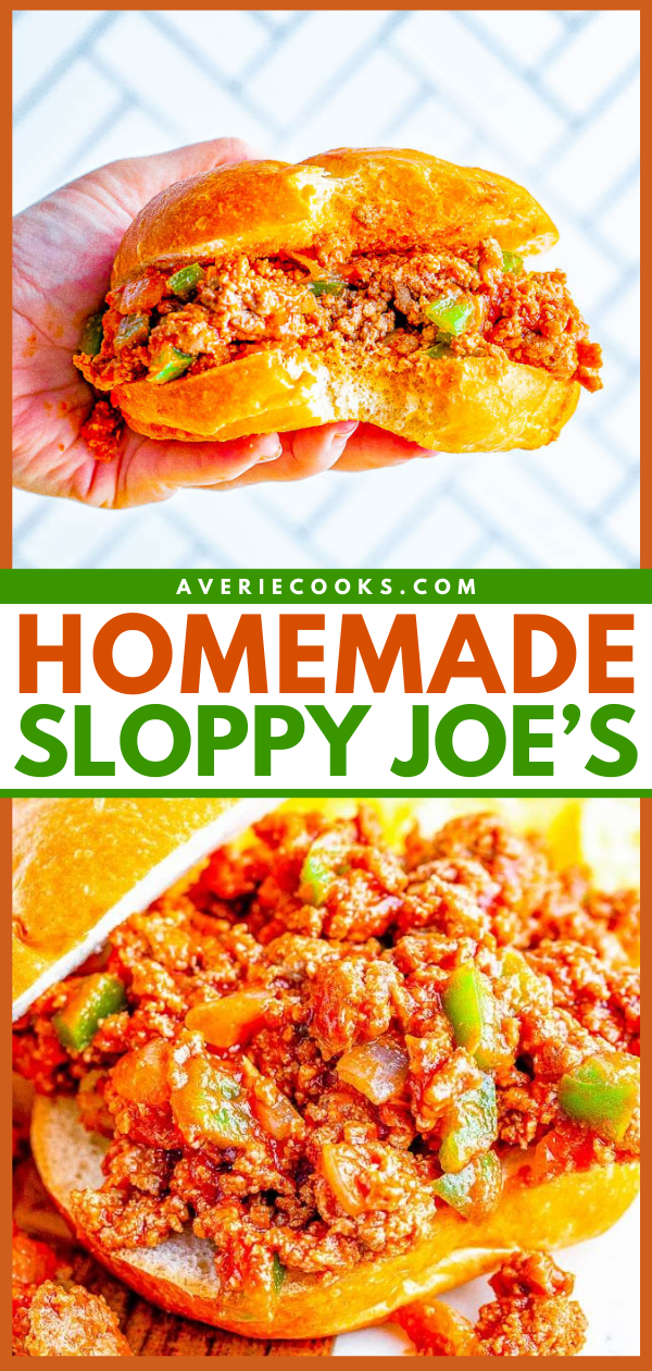 A person holding a sloppy joe with a bite taken out, alongside a close-up of the sandwich filling, featuring ground meat and chopped green peppers. Text reads "Homemade Sloppy Joe's.