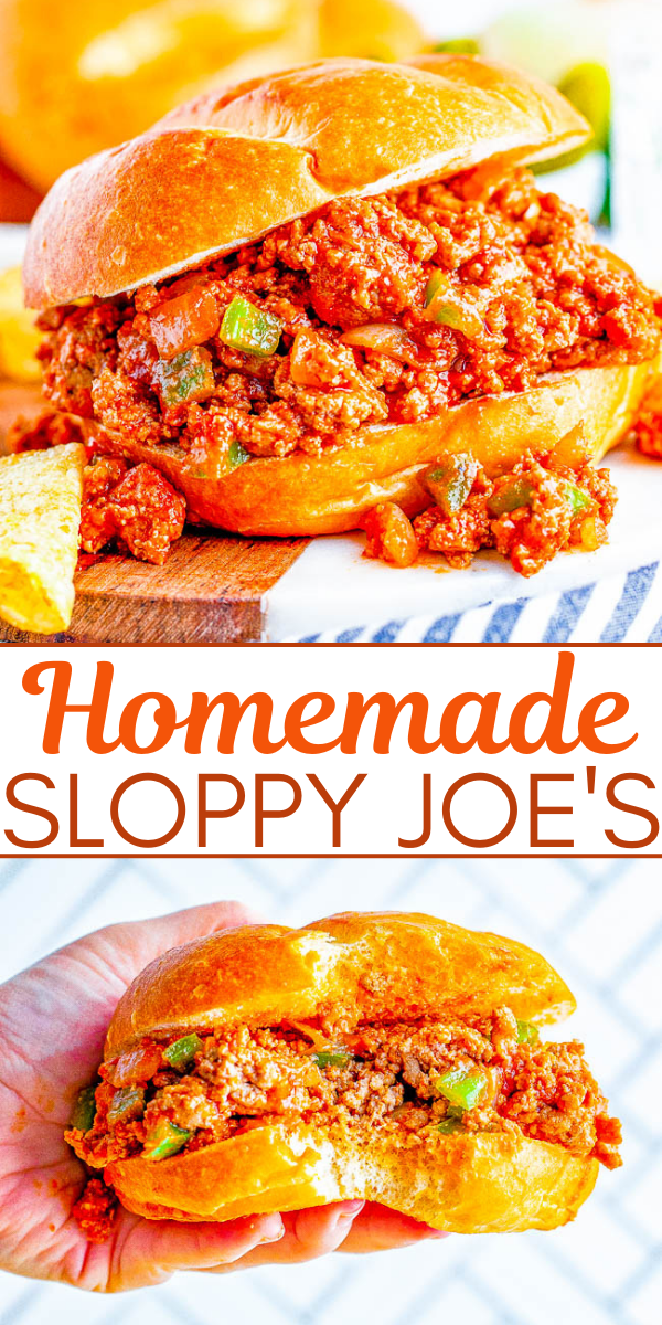 Close-up of a homemade Sloppy Joe sandwich with ground beef and vegetables on a bun.