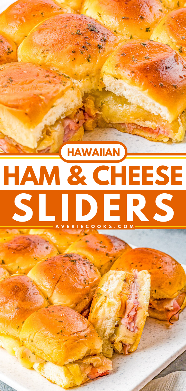 Hawaiian ham and cheese sliders on a tray, topped with a golden, seasoned crust.