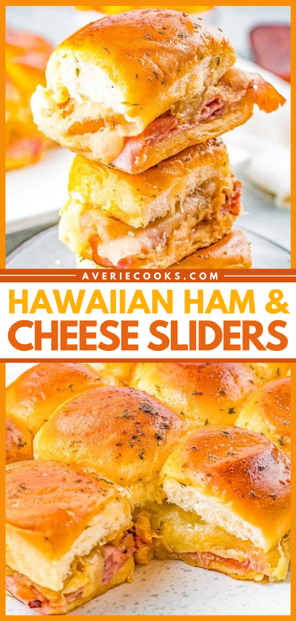 Golden brown Hawaiian ham and cheese sliders stacked on a plate, with layers of ham and melted cheese visible.