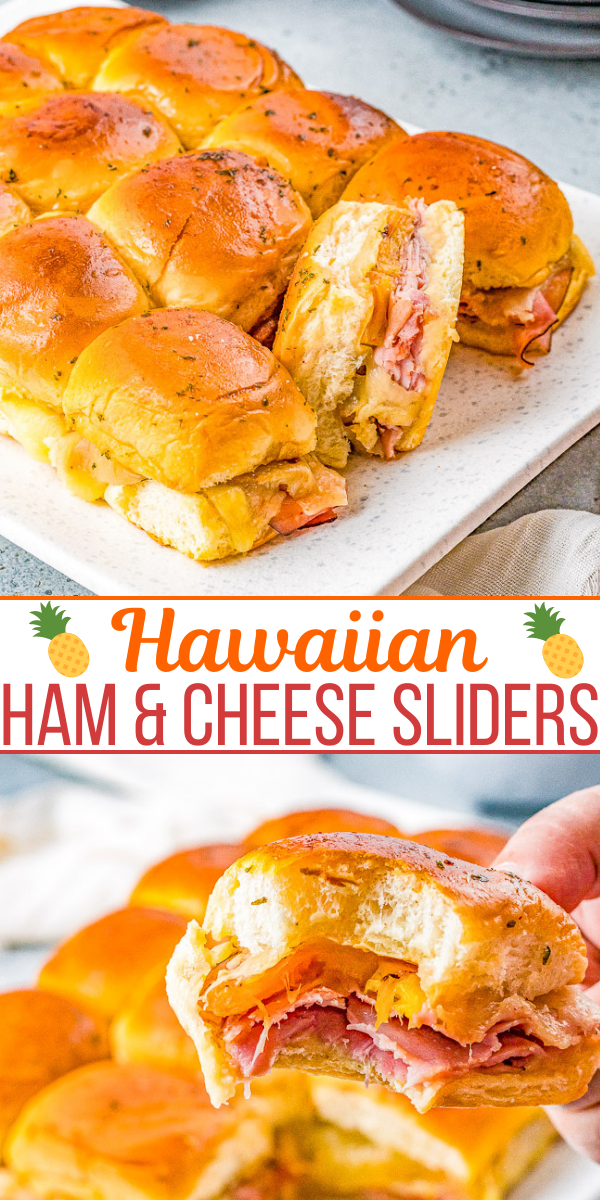 Hawaiian ham and cheese sliders on a tray, with one slider held up close, showcasing layers of ham and melted cheese inside soft, shiny buns.