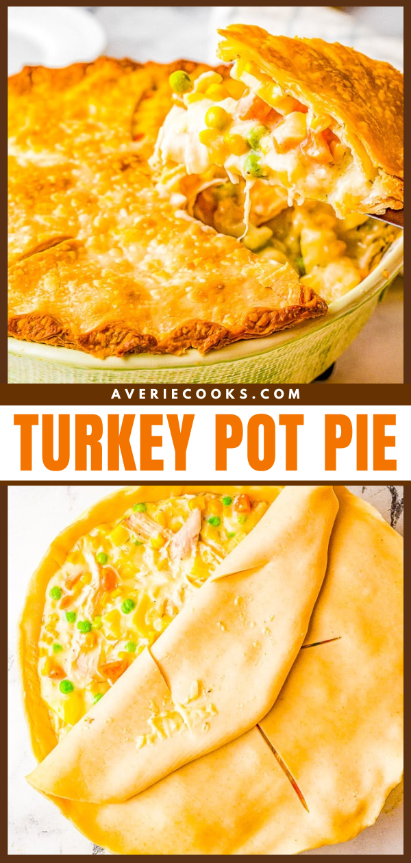 A turkey pot pie with a golden-brown crust filled with turkey, peas, and carrots is shown in two images. One image shows the pie being served; the other shows its raw preparation.