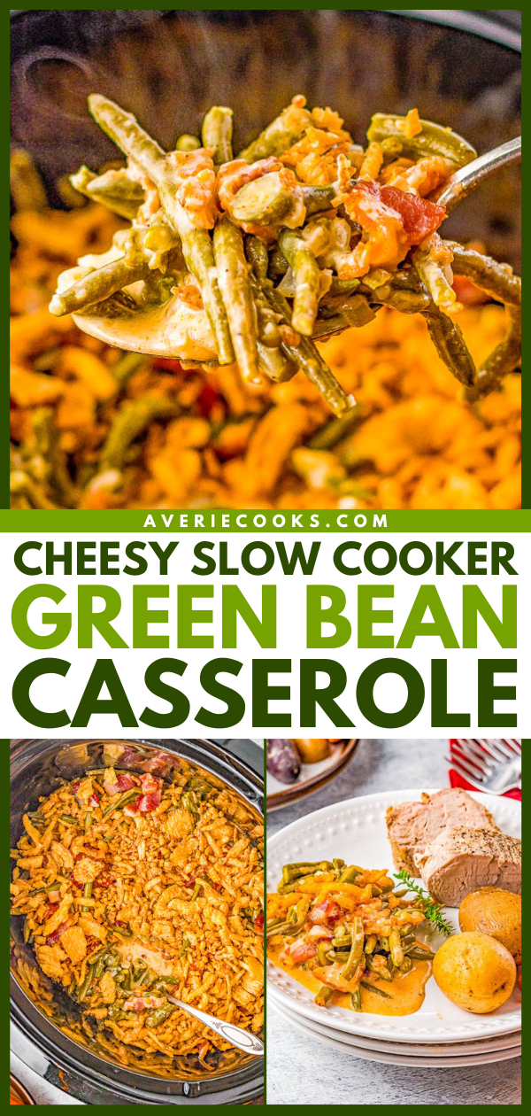 A collage of images showing the preparation and final serving of a cheesy slow cooker green bean casserole. Top image shows a close-up of the dish in a slow cooker, while the bottom images show the cooking process and a plated serving.