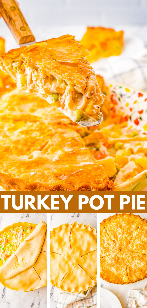 Turkey Pot Pie - Hearty, creamy, comforting, perfect for chilly weather, and EASY to make! Use leftover shredded TURKEY OR CHICKEN in this homemade pot pie recipe loaded with potatoes, carrots, celery, peas, and juicy chunks of meat. Use store bought refrigerated pie crust and a shredded rotisserie chicken to save even more time!