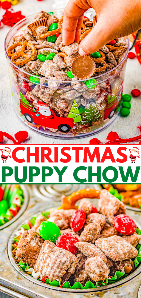 Preparing a festive snack mix called christmas puppy chow, which includes chocolate-coated cereal pieces and colorful candies.