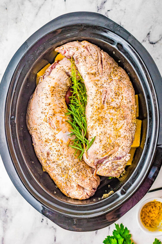 Simple Slow Cooker Pork Tenderloin with Vegetables - Averie Cooks