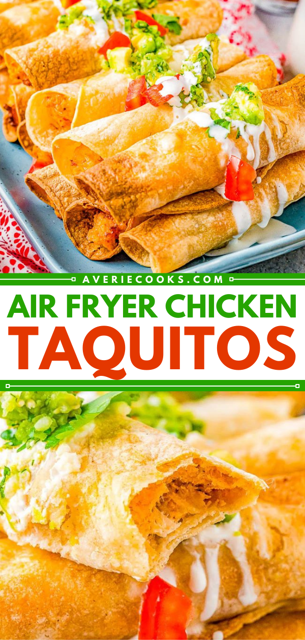 A plate of air fryer chicken taquitos, topped with sour cream, chopped green onions, and sliced tomatoes.