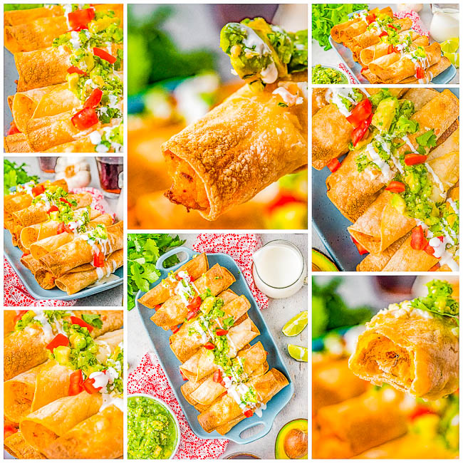 A collage of crispy rolled tacos topped with guacamole, sour cream, and tomatoes, displayed on a blue plate with sides of lime and dip.