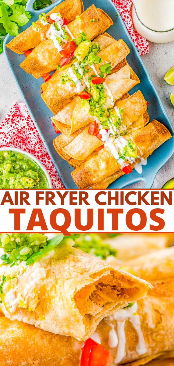 Plate of air fryer chicken taquitos topped with cheese, sauce, and tomatoes, garnished with guacamole and lime on the side.