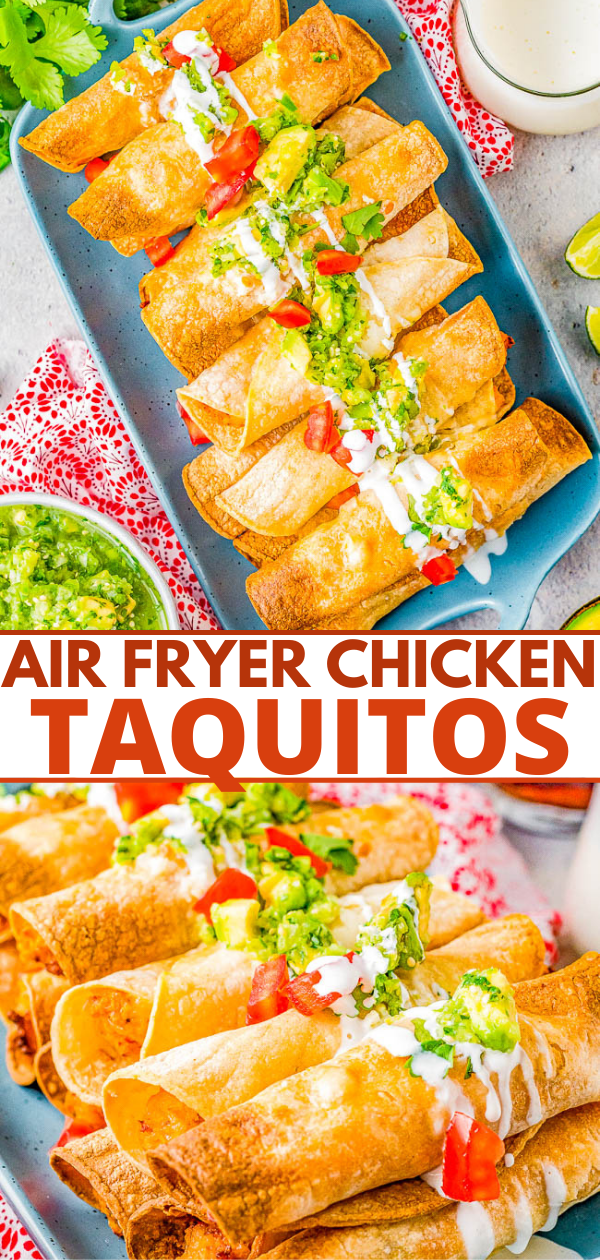 A plate of air fryer chicken taquitos topped with guacamole, sour cream, and diced tomatoes. A small bowl of guacamole and lime wedges are nearby.