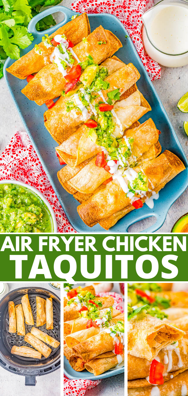 Plate of air-fried chicken taquitos topped with guacamole and sour cream, with side images showing preparation and close-up details.