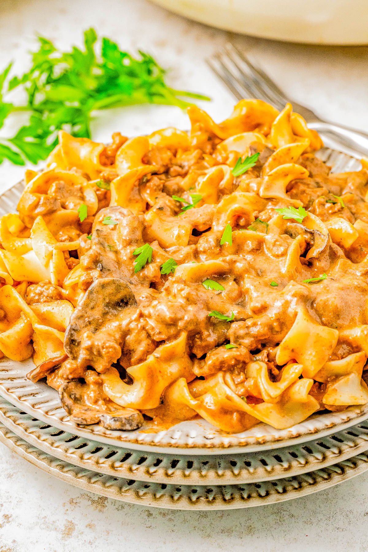 A plate of beef stroganoff with wide noodles, mushrooms, and parsley garnished on top, served on a textured dish with a garnish of fresh herbs on the side.