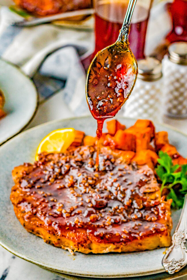 Maple Glazed Pork Chops With Sweet Potatoes Averie Cooks   Mapleglazeporkchops 14 650x975 