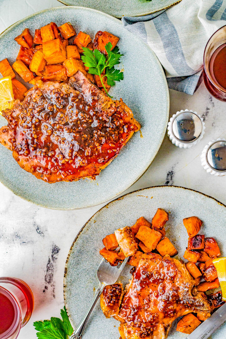 Maple Glazed Pork Chops With Sweet Potatoes Averie Cooks