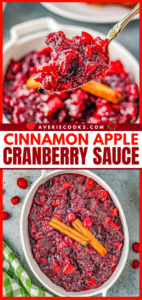 A spoonful of cinnamon apple cranberry sauce is lifted from a serving dish. The sauce, featuring visible cranberries and cinnamon sticks, is showcased in a white dish on a grey surface.