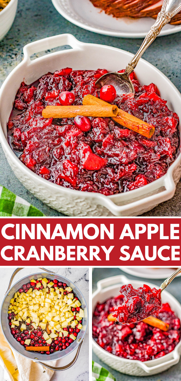 A serving dish of cinnamon apple cranberry sauce garnished with a cinnamon stick and fresh cranberries is shown. Image also includes pictures of cranberries and apples in a pot and a spoonful of the cooked sauce.