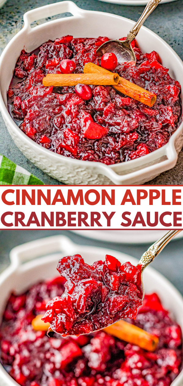 A dish of cinnamon apple cranberry sauce in a white ceramic container with a spoon. The sauce contains visible chunks of apple and cranberries, garnished with cinnamon sticks.