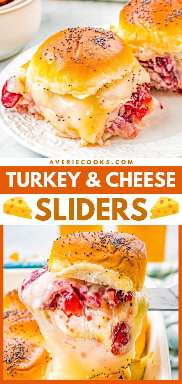 Turkey and cheese sliders with poppy seeds on top, featuring melted cheese and visible turkey layers, presented on a plate.