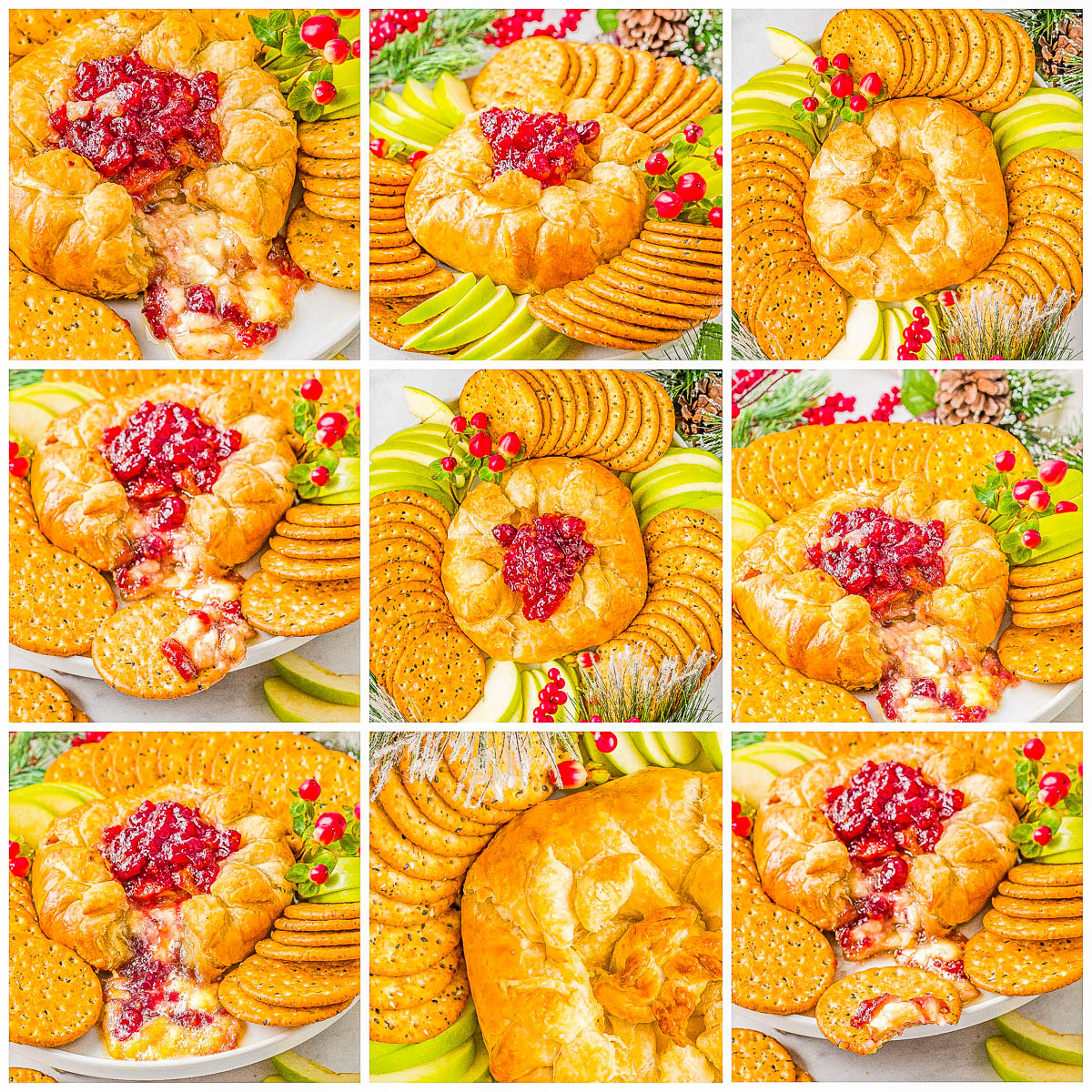 Collage of brie cheese baked in pastry, topped with cranberries, surrounded by apple slices and assorted crackers.