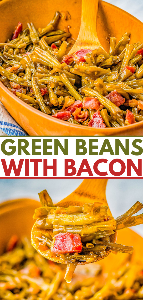 A wooden serving spoon scoops green beans mixed with bacon from an orange bowl. Text reads "GREEN BEANS WITH BACON.