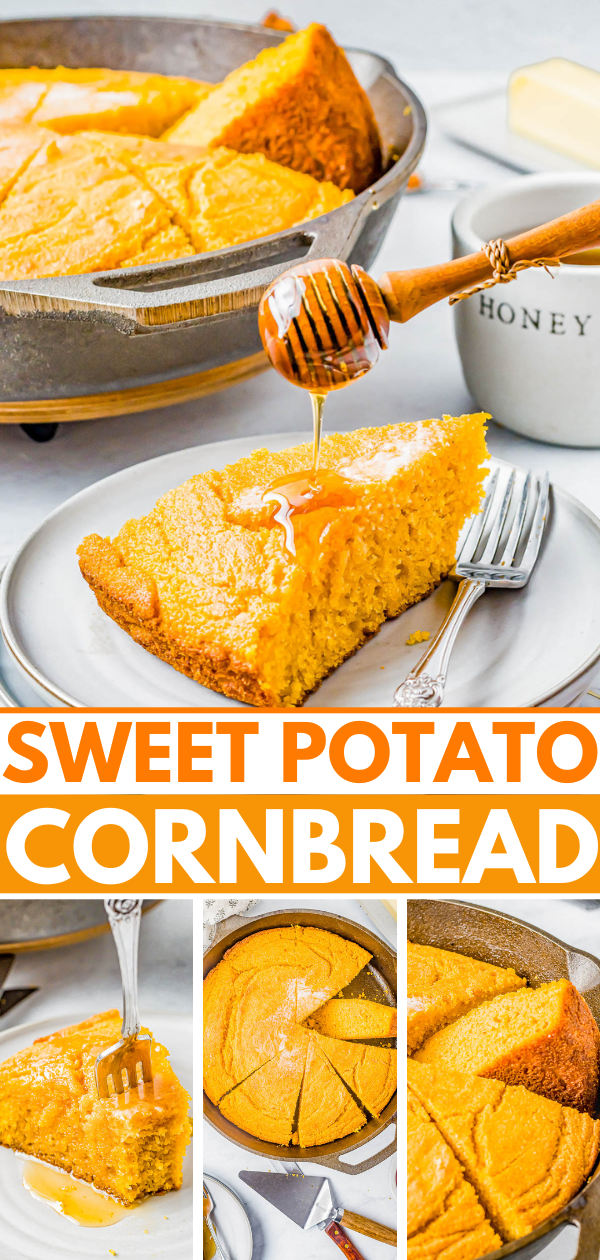 A slice of sweet potato cornbread on a plate being drizzled with honey. Additional images show the cornbread in a skillet, and a slice with a fork. Text overlay reads "Sweet Potato Cornbread".