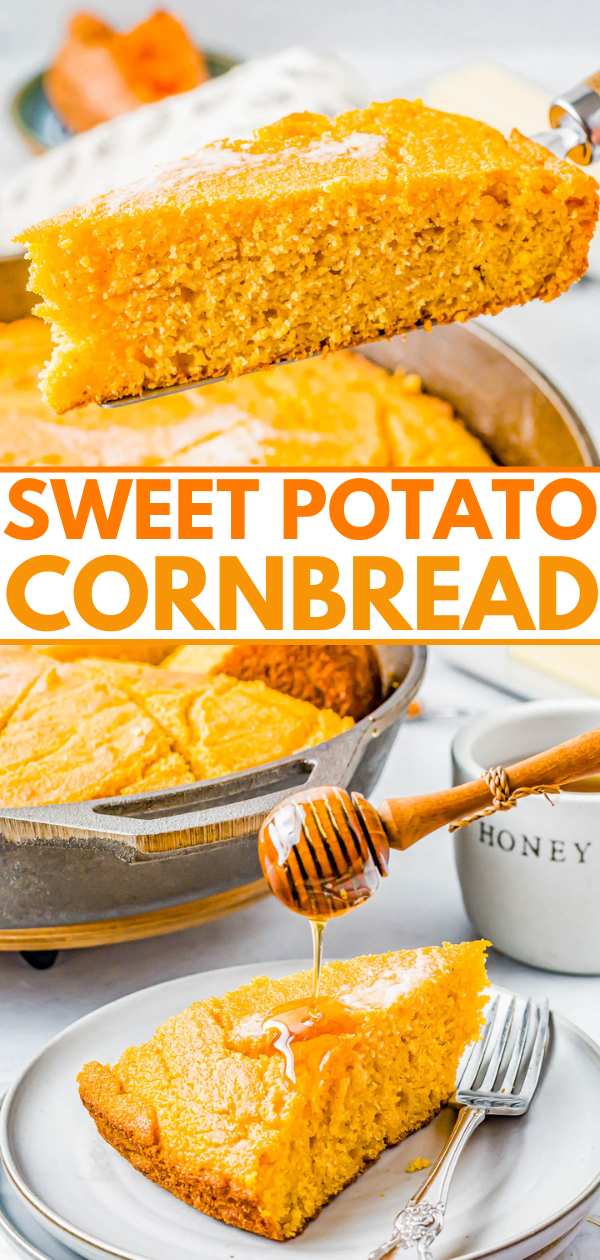 Close-up images of sweet potato cornbread. A slice is shown being lifted, and honey is being drizzled on another slice on a plate. The text "SWEET POTATO CORNBREAD" is centered between the images.