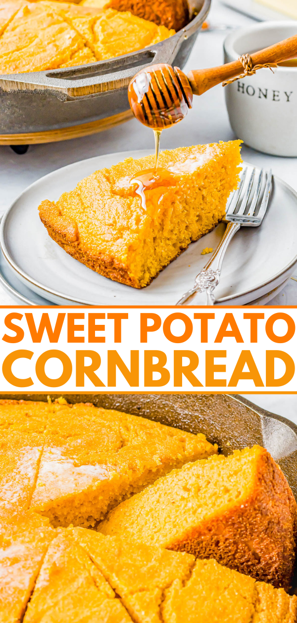 A slice of sweet potato cornbread on a plate, drizzled with honey from a wooden dipper, with the rest of the cornbread in a skillet in the background. Text reads "Sweet Potato Cornbread.