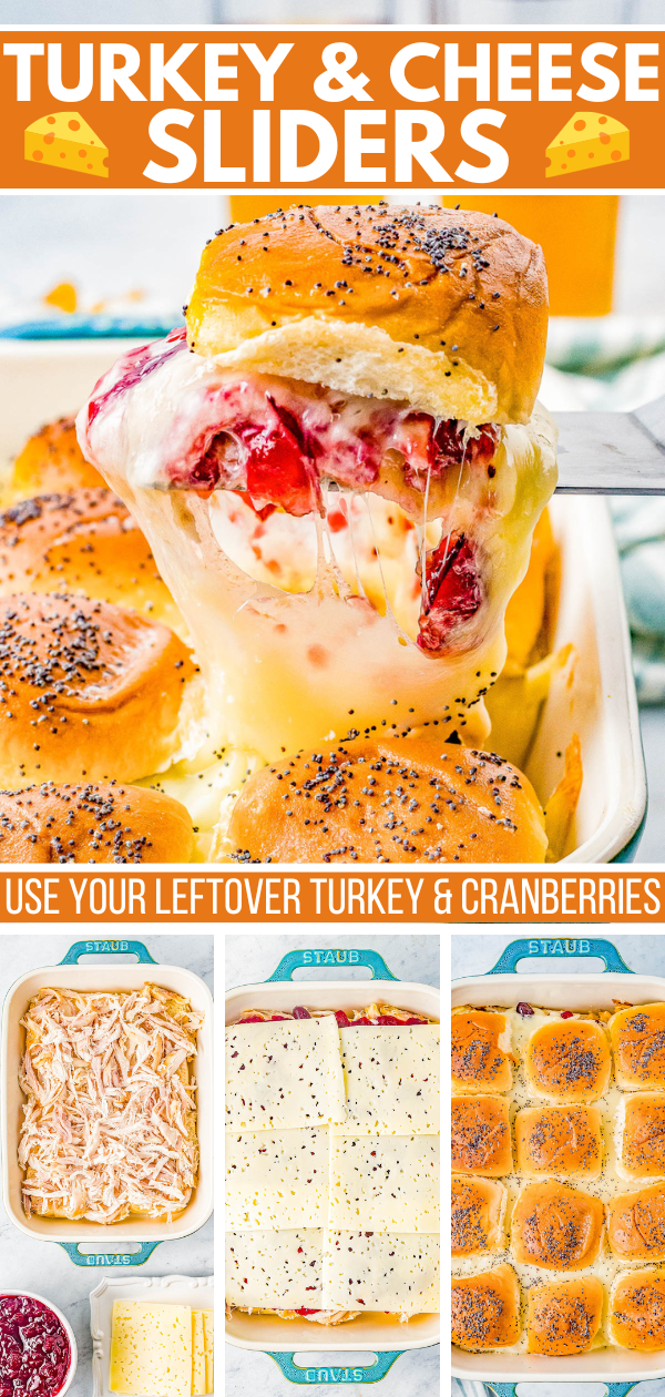 Cheesy turkey and cranberry sliders topped with poppy seeds in a baking dish. Includes preparation steps with assembled ingredients and oven-baked buns.