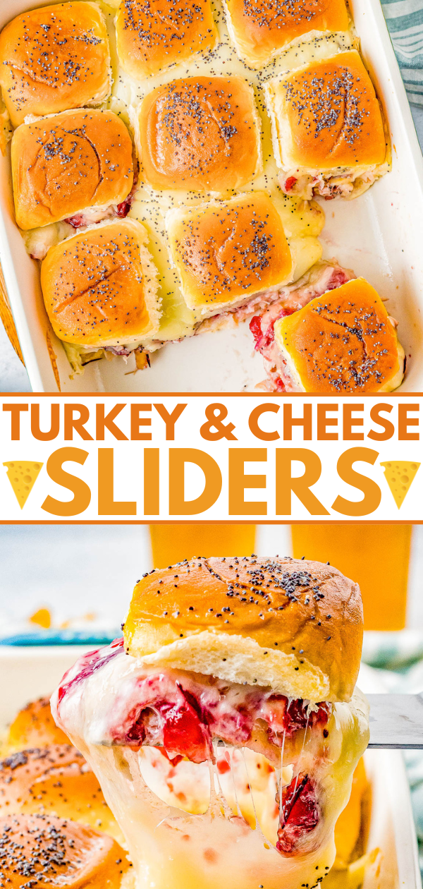 Turkey and cheese sliders topped with poppy seeds in a baking dish, with one slider being lifted, showing melted cheese and layers of turkey and cranberry sauce.