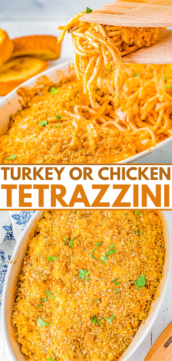 Casserole dish with pasta, breadcrumbs, and herbs; labeled "Turkey or Chicken Tetrazzini.