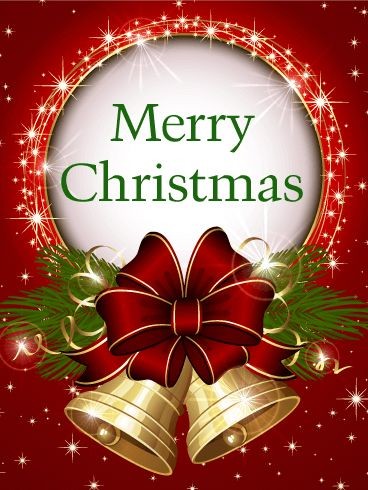 Festive image with "Merry Christmas" text, featuring golden bells, a red bow, and green foliage on a red background with stars.