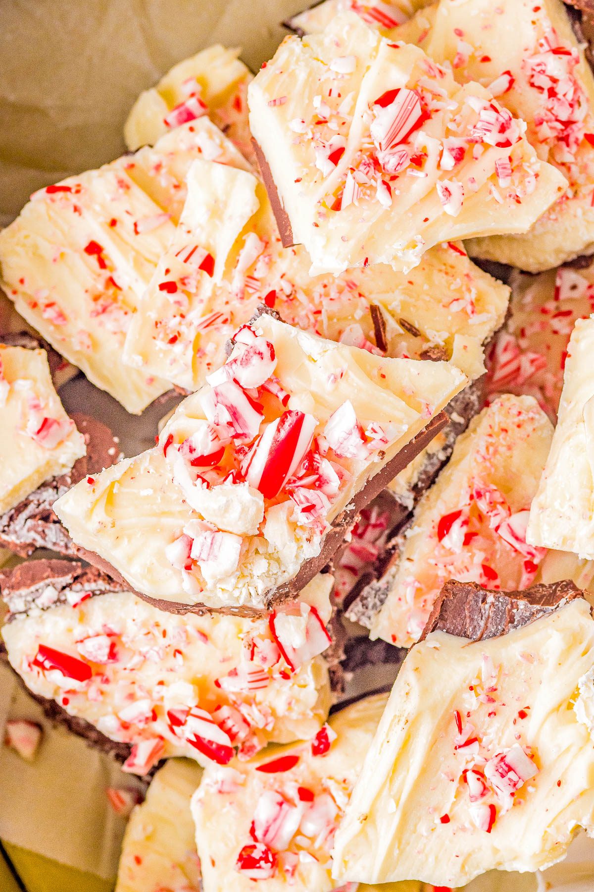 Close-up of peppermint bark pieces with layers of chocolate and white chocolate topped with crushed candy canes.