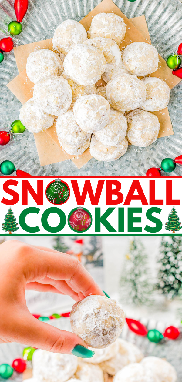 A stack of round, powdered sugar-coated cookies on a metal surface, with holiday decorations. A hand holds one cookie. Text reads "Snowball Cookies.