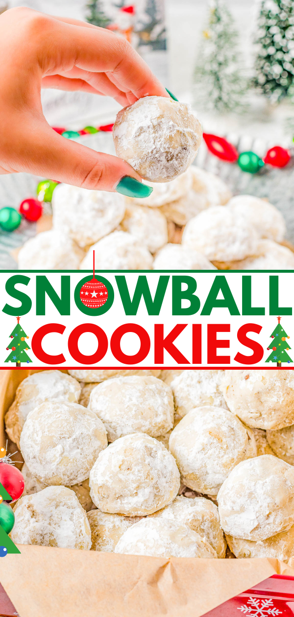 A hand holding a powdered snowball cookie above a pile, with a "Snowball Cookies" sign. Holiday decorations in the background.