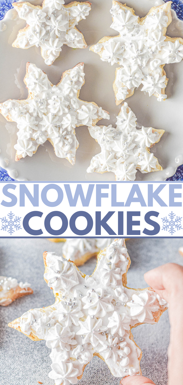 Plate of snowflake-shaped cookies with white icing and silver sprinkles; a hand holds one cookie.