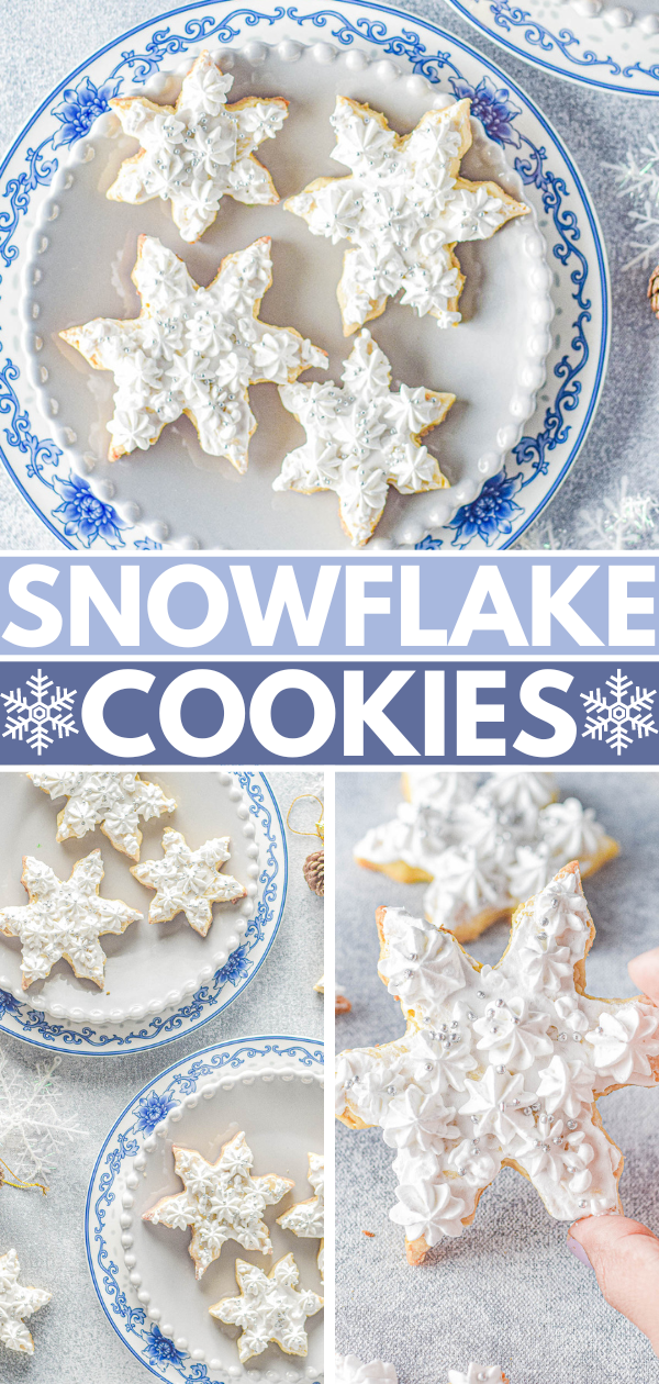 Plates of star-shaped snowflake cookies with white icing on a blue and white patterned plate.