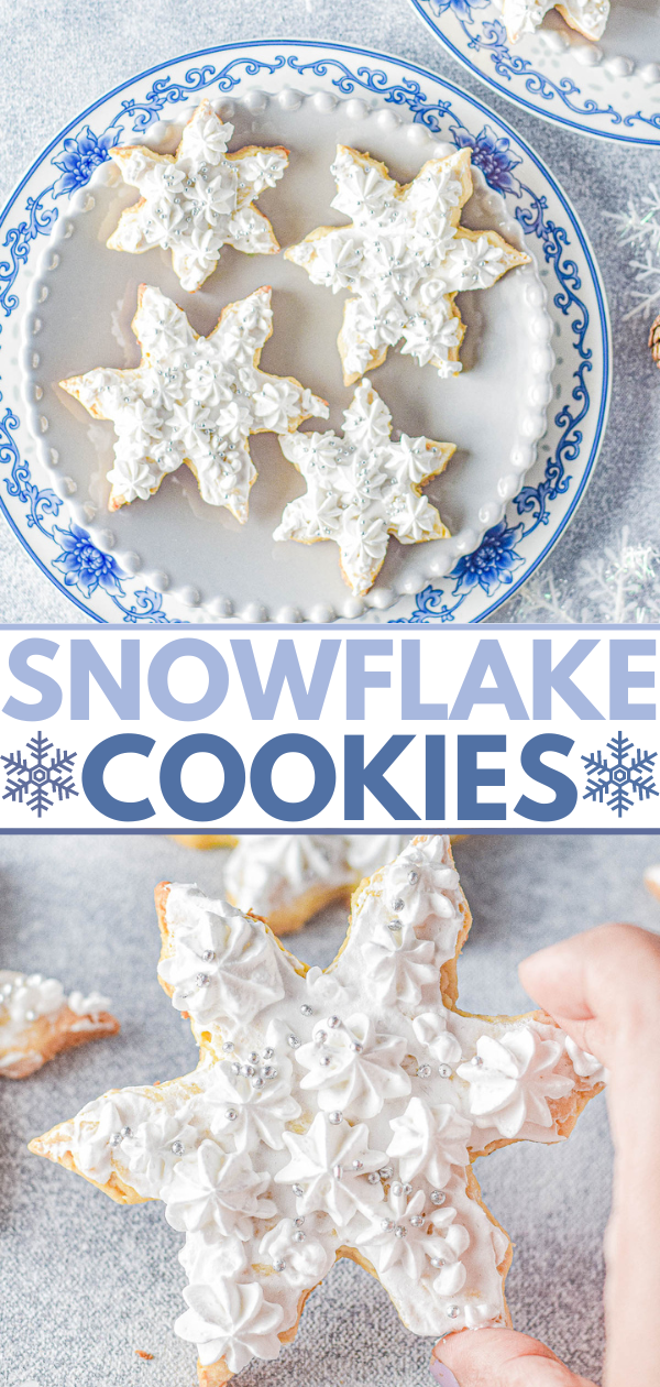 Snowflake cookies on a plate, decorated with white icing and silver sprinkles. A hand holds one cookie close-up. Blue text reads "Snowflake Cookies.