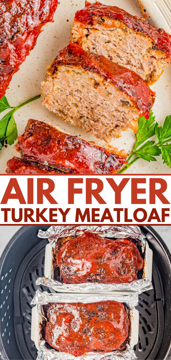 Air fryer turkey meatloaf sliced on a plate with parsley and cooked in foil in the air fryer.