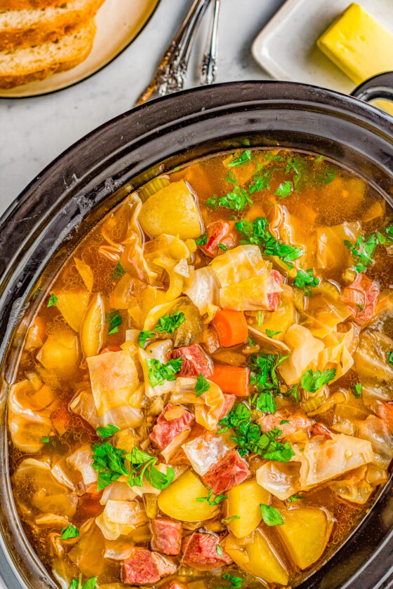 Slow Cooker Corned Beef and Cabbage Soup - Averie Cooks