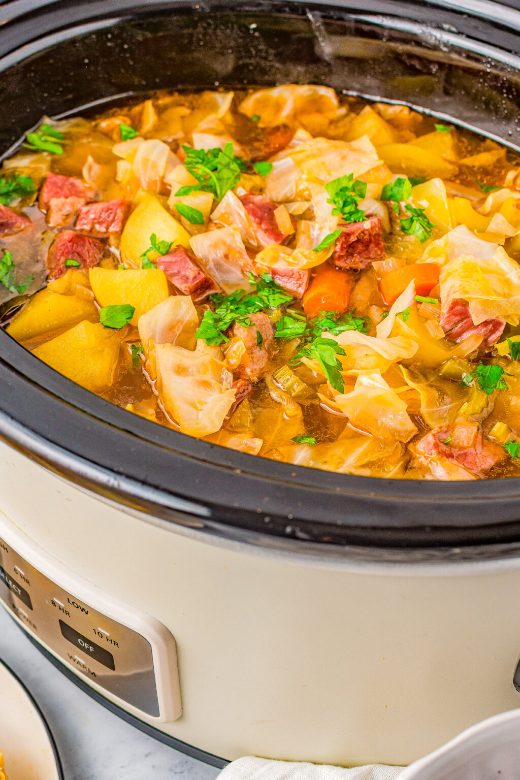 Slow Cooker Corned Beef and Cabbage Soup - Averie Cooks