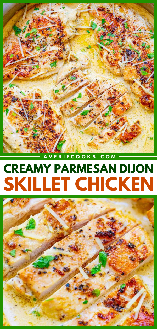 Skillet with creamy Parmesan Dijon chicken, garnished with parsley and grated cheese.