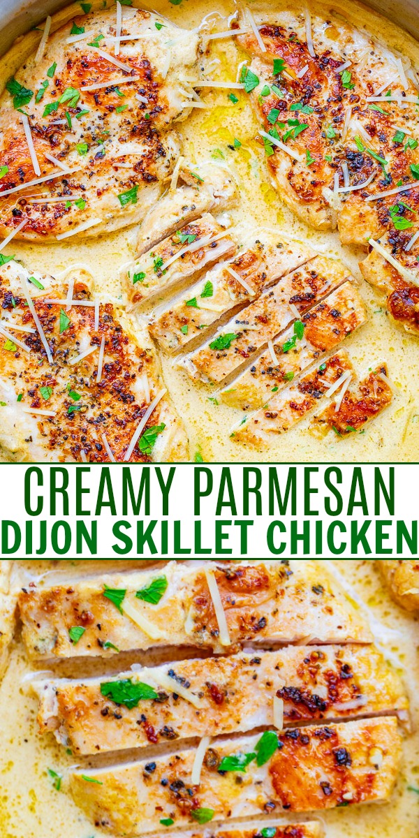 Creamy parmesan Dijon skillet chicken garnished with herbs and cheese in a pan.