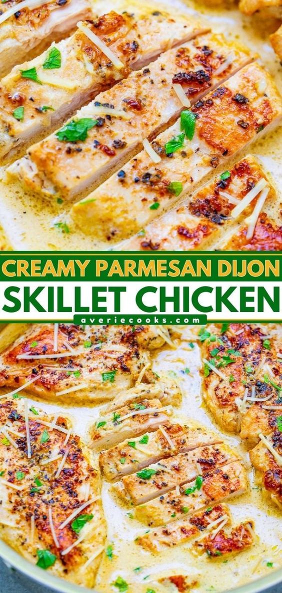 Slices of skillet-cooked chicken in creamy Parmesan Dijon sauce, garnished with herbs and cheese.