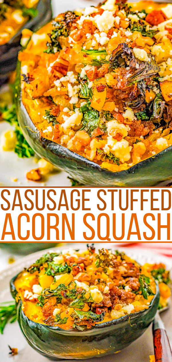 Sausage stuffed acorn squash with garnish on a plate.