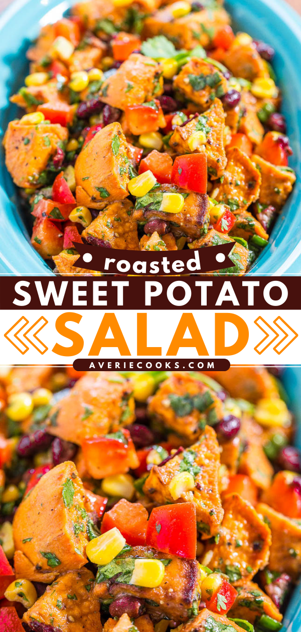 A vibrant roasted sweet potato salad with diced tomatoes, corn, beans, and cilantro, presented on a turquoise plate.