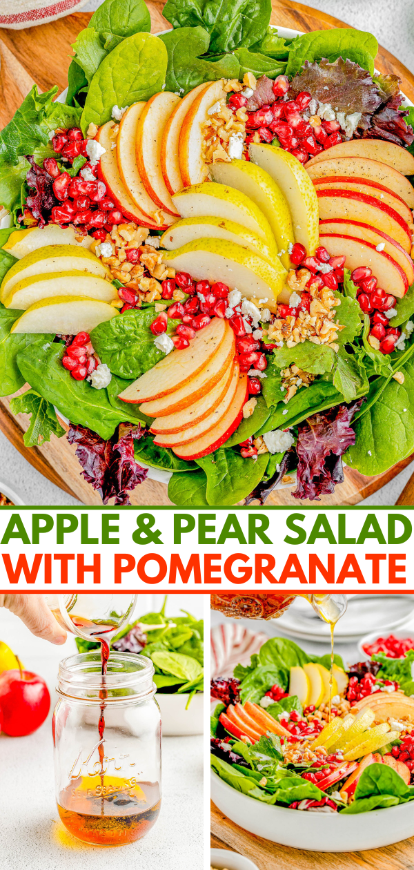 A fresh salad with leafy greens, sliced apples and pears, pomegranate seeds, and a honey vinaigrette being poured over it. Text reads: "Apple & Pear Salad with Pomegranate.