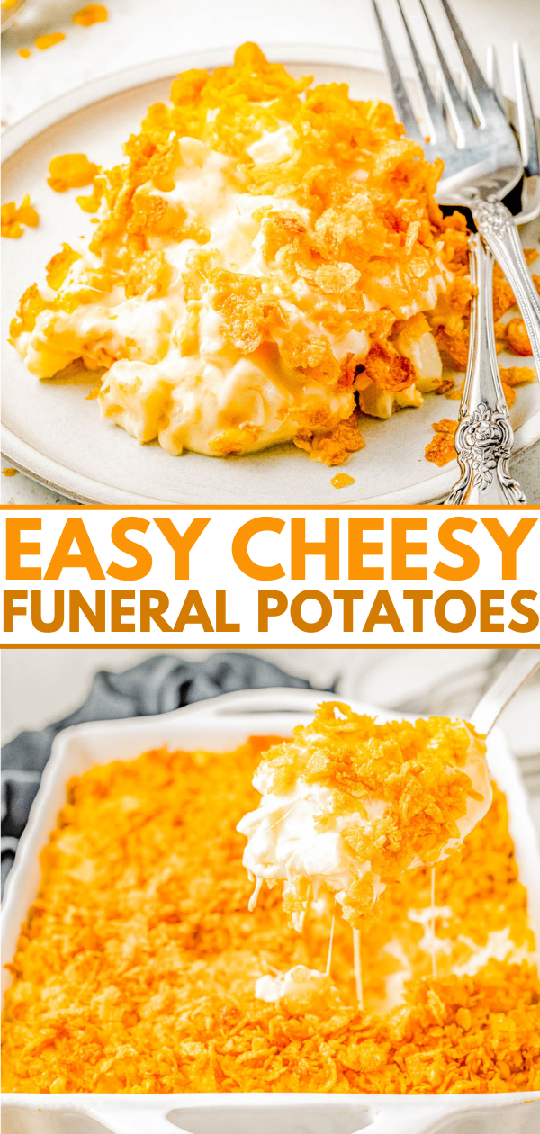 A plate and casserole dish of cheesy funeral potatoes topped with crispy cornflakes. A serving is on a plate with two forks. Text reads: "Easy Cheesy Funeral Potatoes.