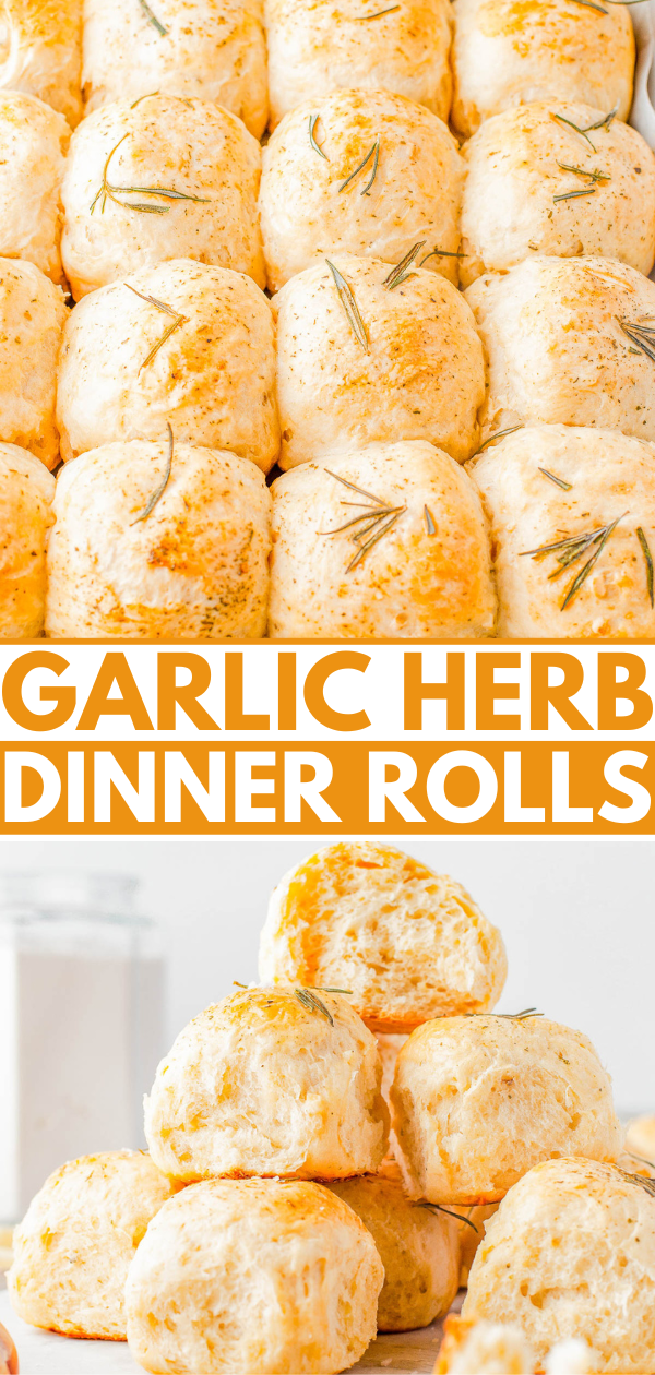 Rows of baked garlic herb dinner rolls garnished with rosemary, shown whole on top and in a stack in the bottom image.